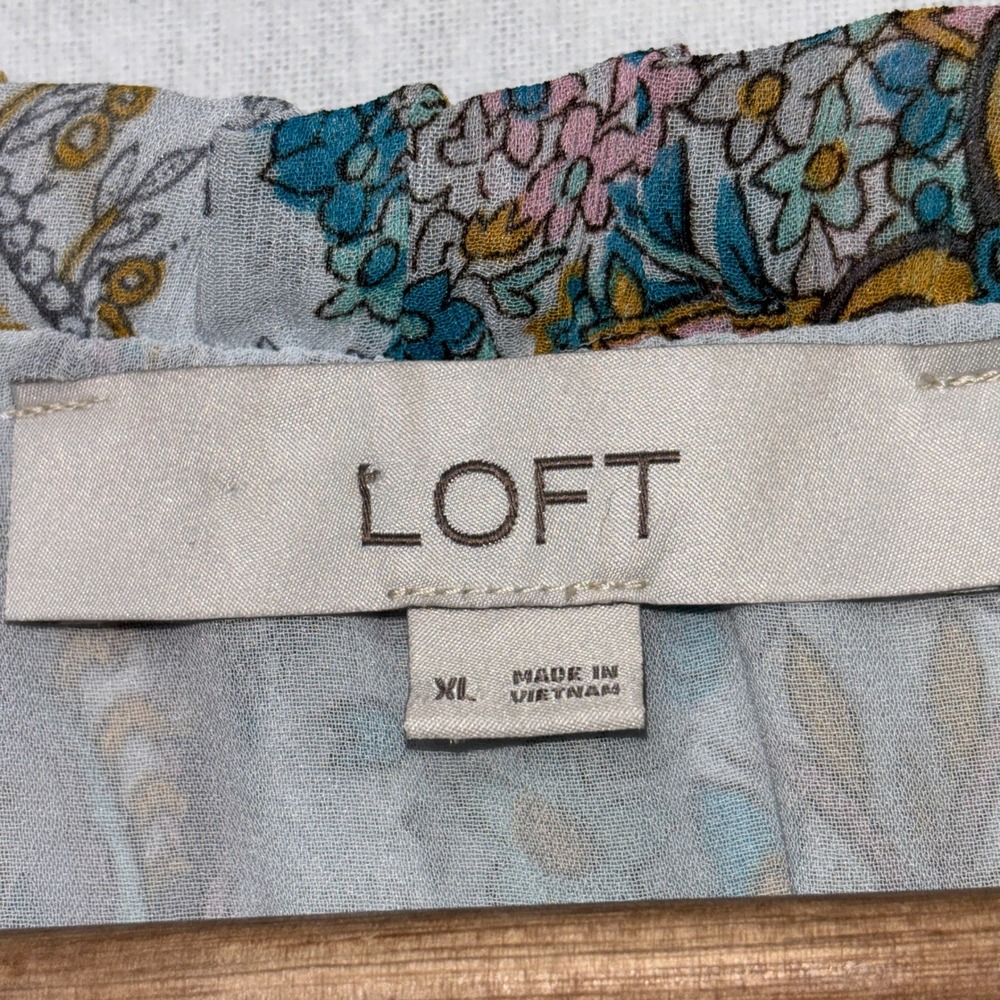 LOFT Paisley Floral Tie Neck Blouse Blue Pink Teal Size XL Sheer‎ Feminine Boho - Picture 4 of 9